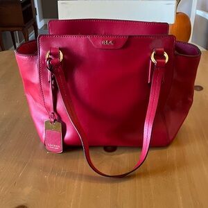 Ralph Lauren Red Leather Tote with Gold Accents